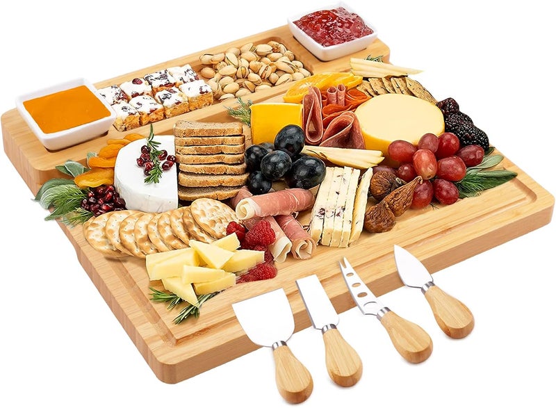YZS Housm Charcuterie Boards and Knife Set - Bamboo Cheese Board - Wine Meat Cheese Tray Platter - Unique Housewarming Gifts, Anniversary Wedding Gifts for Couple, Bridal Shower Gift - Image 1