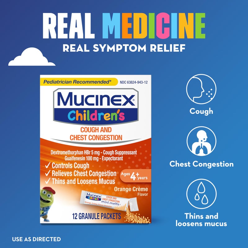 Mucinex Children's Chest Congestion Expectorant and Cough Suppressant Mini-Melts, Orange Cream, 12 Count (Packaging May Vary) - Image 5
