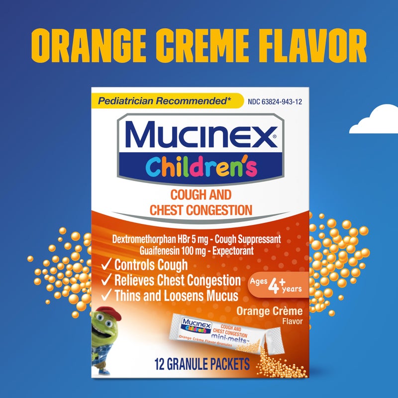 Mucinex Children's Chest Congestion Expectorant and Cough Suppressant Mini-Melts, Orange Cream, 12 Count (Packaging May Vary) - Image 4