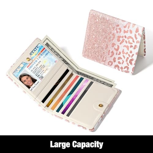 Rouidr Womens Wallet, RFID Small Slim Wallet for Women, Cute Bifold Leather Pocket Credit Card Holder Ladies Mini Purse with Zipper Coin Pocket & ID Window, Pink Leopard - Image 3