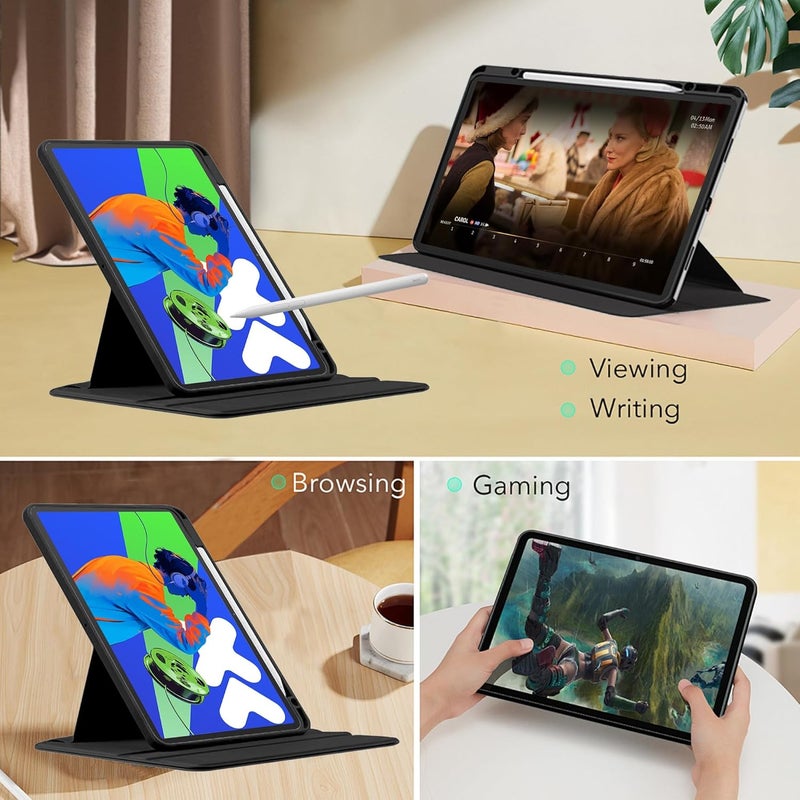 كاست ويف غطاء جلدي من البولي يوريثان لجهاز شاومي ريدمي باد 2 مع حامل دوار وفتحة للقلم، جراب مقاوم للصدمات للكمبيوتر اللوحي بفتحات دقيقة، جلد بولي يوريثان + أكريليك شفاف، أسود - Image 3