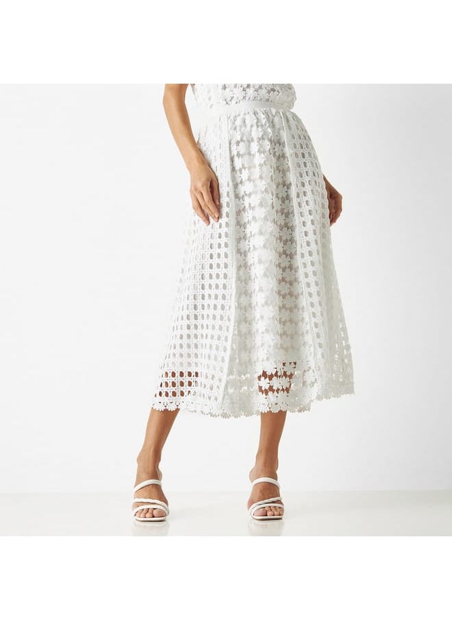 Iconic Iconic Floral Lace Textured A-line Midi Skirt with Elasticated Waistband  - Image 1