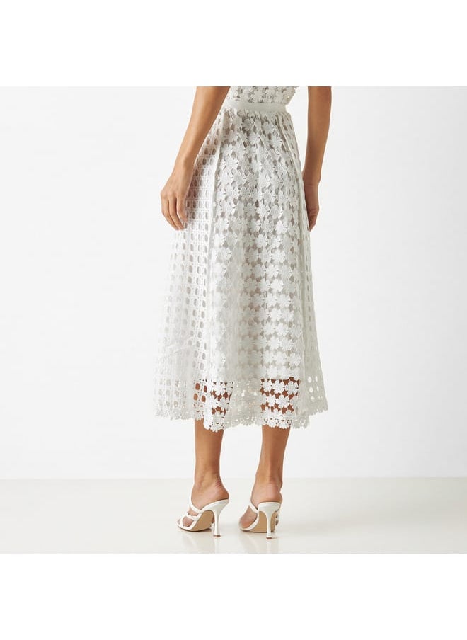 Iconic Iconic Floral Lace Textured A-line Midi Skirt with Elasticated Waistband  - Image 3