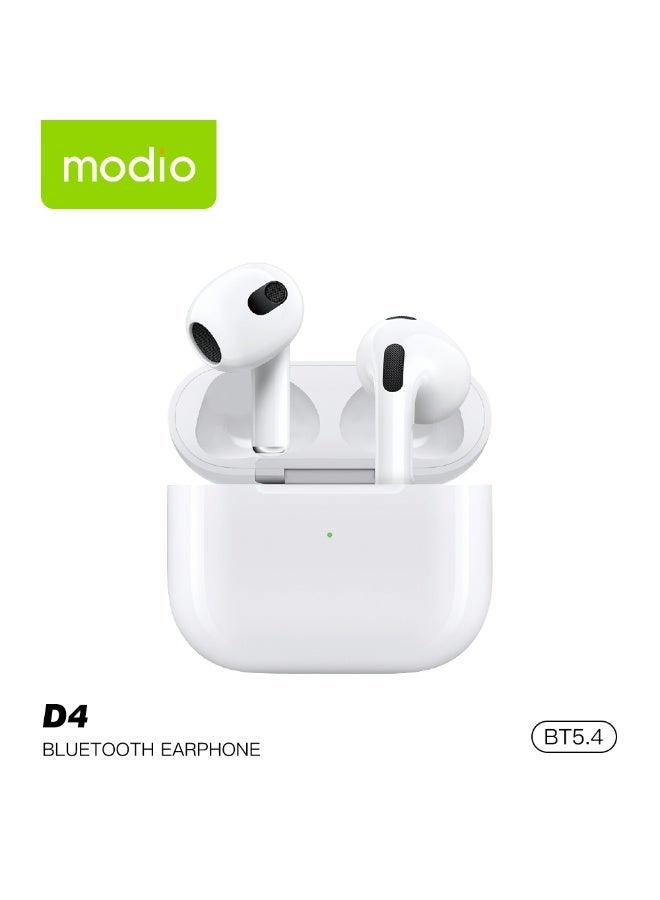 Modio D4 Premium Deep Bass Wireless Earbuds with Noise Cancellation Bluetooth 5.4 Multi Functional Touch Control and Crystal-Clear Microphone Compatible with iPhones and iPads White - Image 1