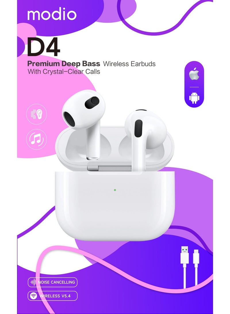 Modio D4 Premium Deep Bass Wireless Earbuds with Noise Cancellation Bluetooth 5.4 Multi Functional Touch Control and Crystal-Clear Microphone Compatible with iPhones and iPads White - Image 2