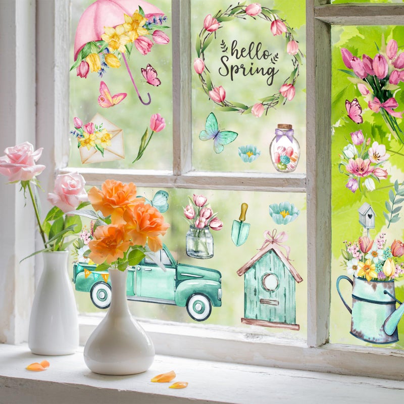 Whaline 75Pcs Spring Summer Tulip Window Clings Tulip Flower Umbrella Truck Window Stickers Hello Spring Double-Side Glass Decals for Home Office School Party Shop Display Decoration - Image 4