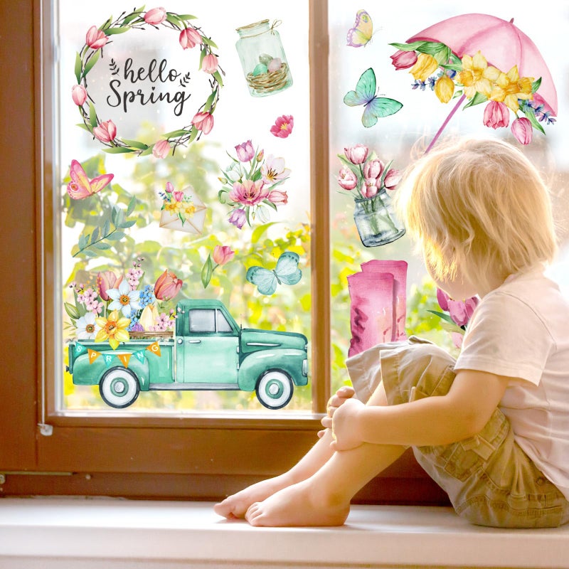 Whaline 75Pcs Spring Summer Tulip Window Clings Tulip Flower Umbrella Truck Window Stickers Hello Spring Double-Side Glass Decals for Home Office School Party Shop Display Decoration - Image 3