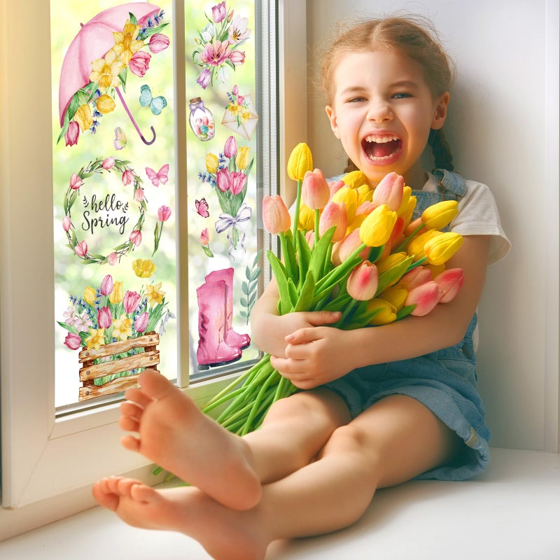 Whaline 75Pcs Spring Summer Tulip Window Clings Tulip Flower Umbrella Truck Window Stickers Hello Spring Double-Side Glass Decals for Home Office School Party Shop Display Decoration - Image 2