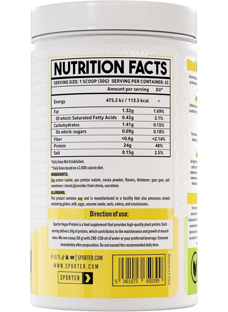Sporter Vegan Protein, Soy and Pea Protein Isolate, Plant-Based, 25g Protein, 25 Servings, 750g, Muscle Recovery (750 Grams, Chocolate) - Image 2