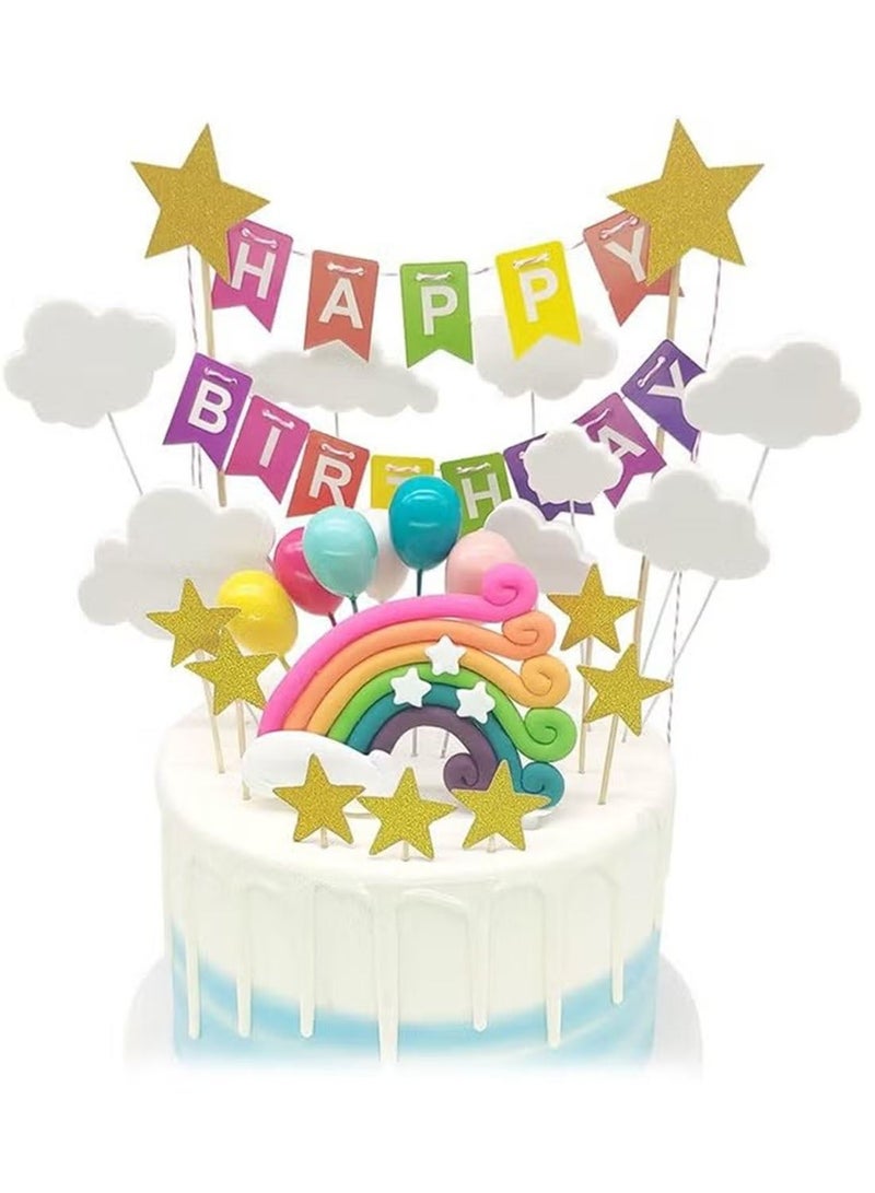 22 Pcs Rainbow Cake Toppers, Happy Birthday Banner, Star, Cloud, Balloon Cake Decorations, Cake/Cupcake Topper for Boy Girl Birthday Baby Shower Party (Happy Birthday Banner) - Image 1