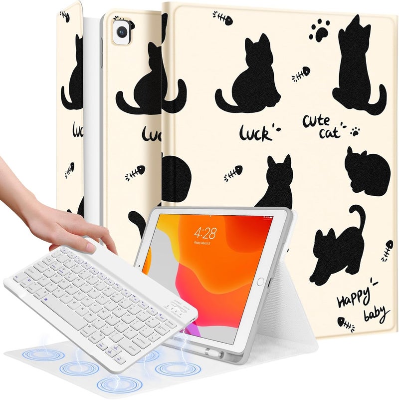 Wazzasoft for iPad 9th/8th/7th/Air 3rd Generation/Pro 10.5 Inch Case Keyboard Pencil Holder Folio Tablet Cover Women Girl Cute Girly Teen Kawaii Black Cat Unique Design for Apple 10.2 & 10.5 Inch - Image 1