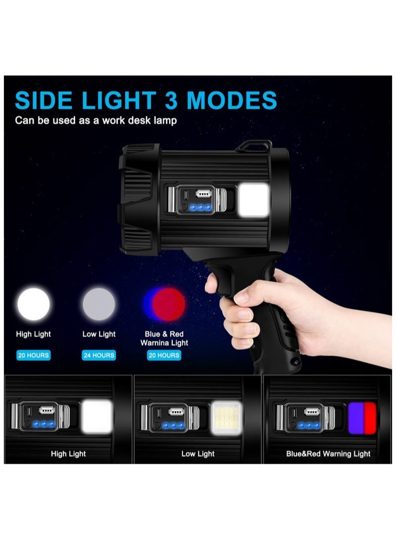 XiuWoo Rechargeable Spotlight, 100000 Lumens Handheld Hunting Flashlight Led Spot Light with Cob Light and Solar Panels, 6 Modes IPX6 Waterproof Bright Spotlight for Boating,Camping,Fishing - Image 2