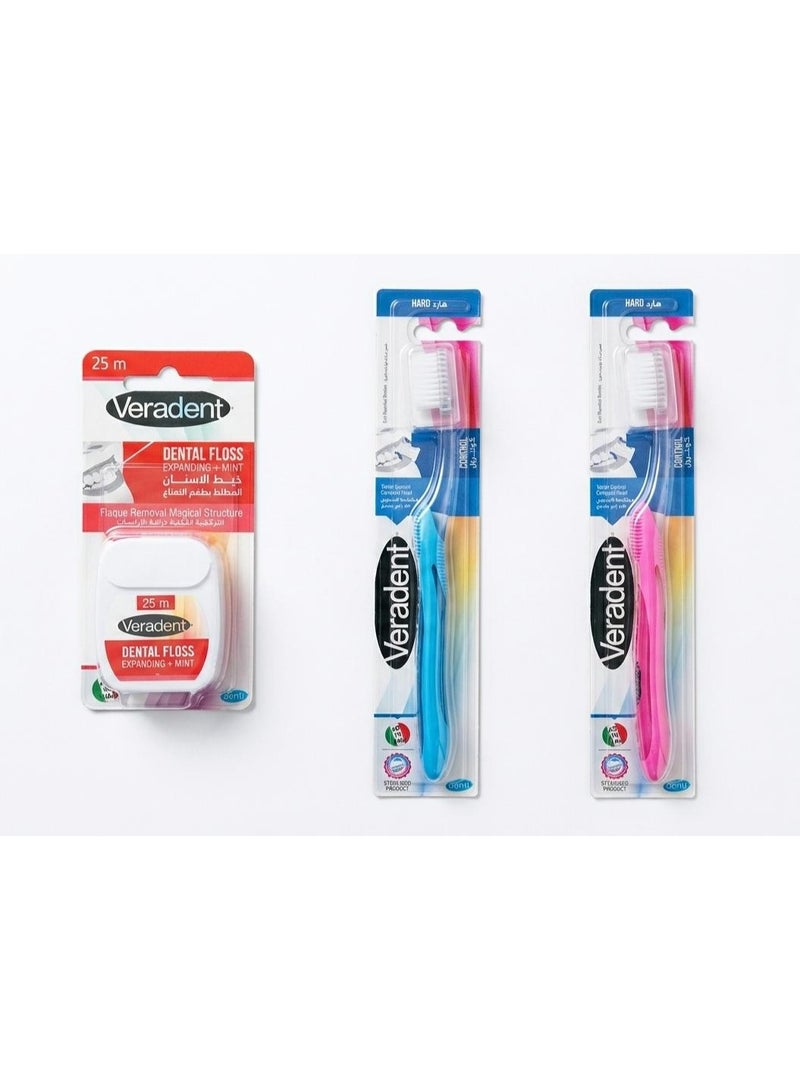Veradent Oral Care Set – 2 Hard Toothbrushes (2 Different Colors) + Elastic Dental Floss with Mint Flavor - Image 1