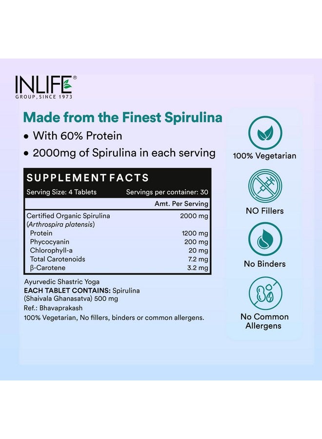 INLIFE Spirulina Tablets 2000 mg (per serving) | Green Superfood Supplement | Nutritional Supplement Protein Fiber Antioxidants - 120 Tablets (Pack of 1, 120, count) - Image 2