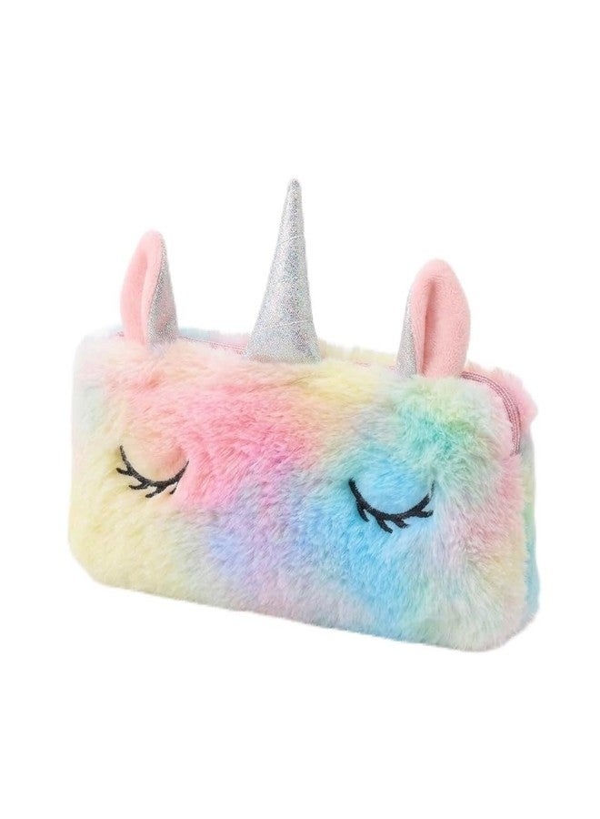 Neel Soft Fur Geometry Pouch Unicorn Storage Bag Make Up Zipper Pouch Rainbow Cute Travel Pouch Cute Pencil Pouch for Girls Unicorn Stationery Pencil Pouch Pencil Case for Kids Birthday Gift - Image 1