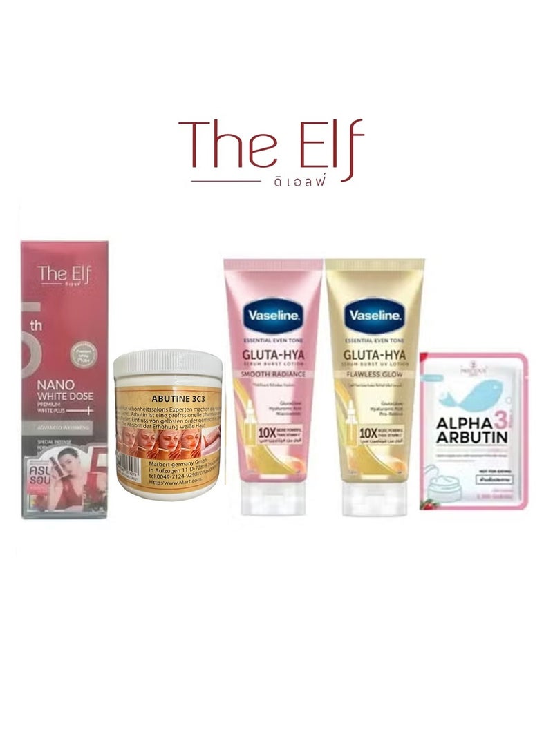 The Elf Whitening Set Nano White Dose Serum ,GLUTA-HYA Smooth Radiance & Flawless Glow & Alpha Arbutin Capsules and Abutine 3C3 Cream
