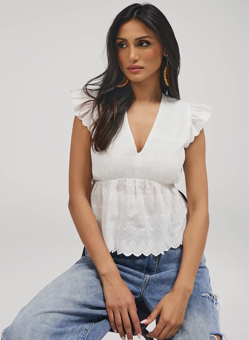 Zigzag Deep Cutwork Peplum Top