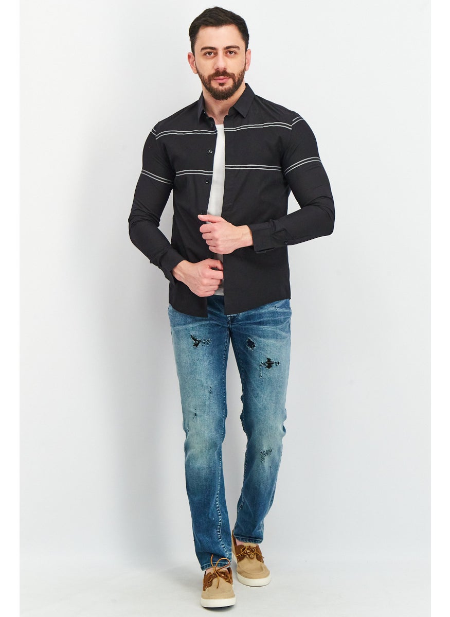 Jack Jones - قميص رجالي عادي طويل الأكمام مخطط كاجوال، أسود - Image 1