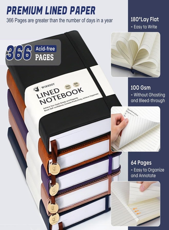 دفتر ملاحظات وينكوي مُسطّر، 366 صفحة، غلاف جلدي مقوى 100 غرام/متر مربع، دفتر كتابة كلاسيكي سميك A5 مُسطّر مع حلقة للقلم، دفتر يوميات يومي للنساء والرجال، مناسب للسفر والعمل والمكتب - Image 2