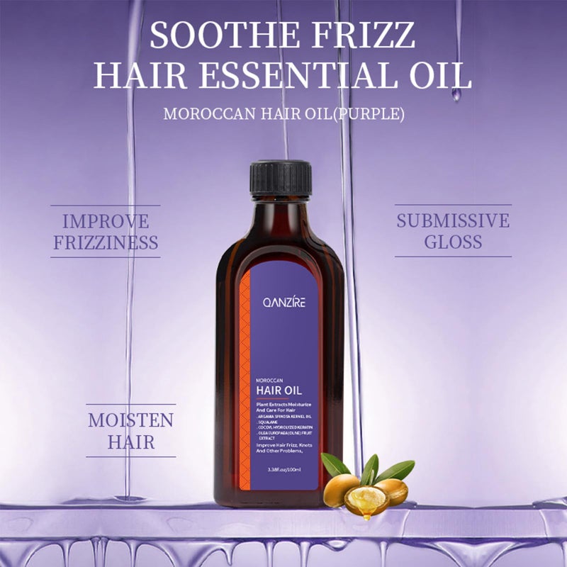 QANZIRE زيت الأركان المغربي، زيت أساسي للشعر الأرجواني - يجعل الشعر ناعماً ولامعاً، مرطب عميق، تحكم في التجاعيد، إصلاح الأطراف المتقصفة للشعر الجاف والتالف، زيت علاج للشعر الجاف والتجعد - 100 مل - Image 5