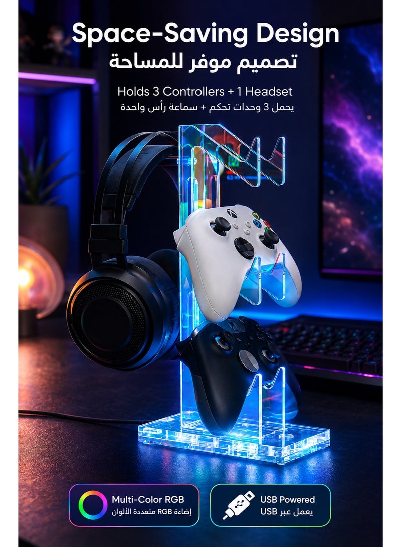 SIGood 3 Tier Acrylic Game Controller Stand with RGB Lights, Universal Controller Holder and Headset Stand for Desktop, Clear Gaming Accessories Organizer Compatible with PS5 PS4 Xbox Switch - Image 2