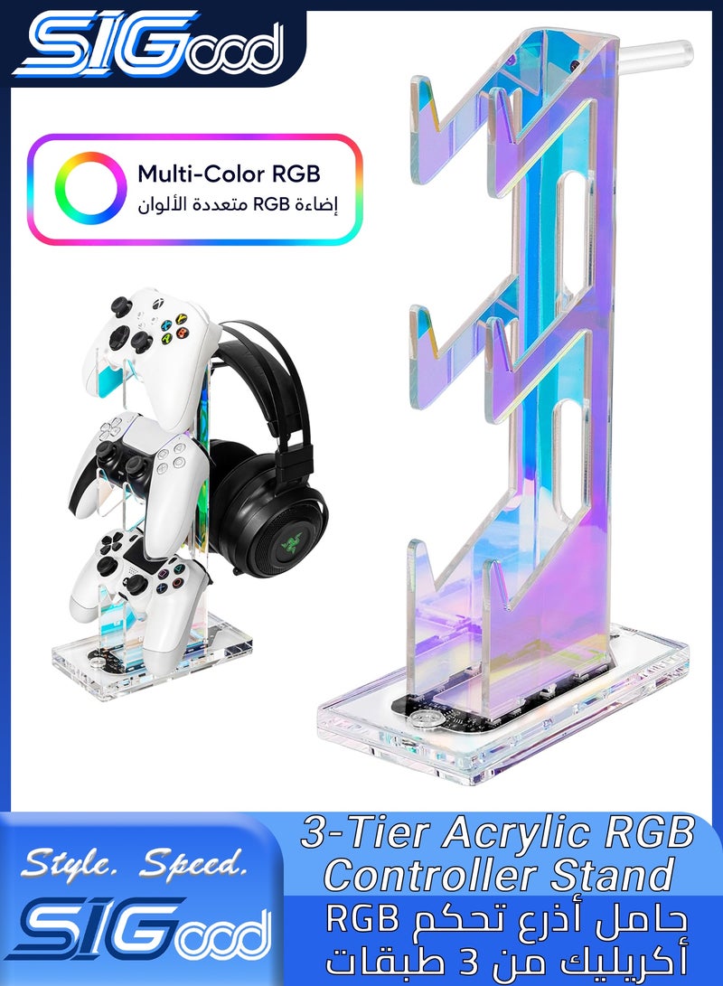 SIGood 3 Tier Acrylic Game Controller Stand with RGB Lights, Universal Controller Holder and Headset Stand for Desktop, Clear Gaming Accessories Organizer Compatible with PS5 PS4 Xbox Switch - Image 1