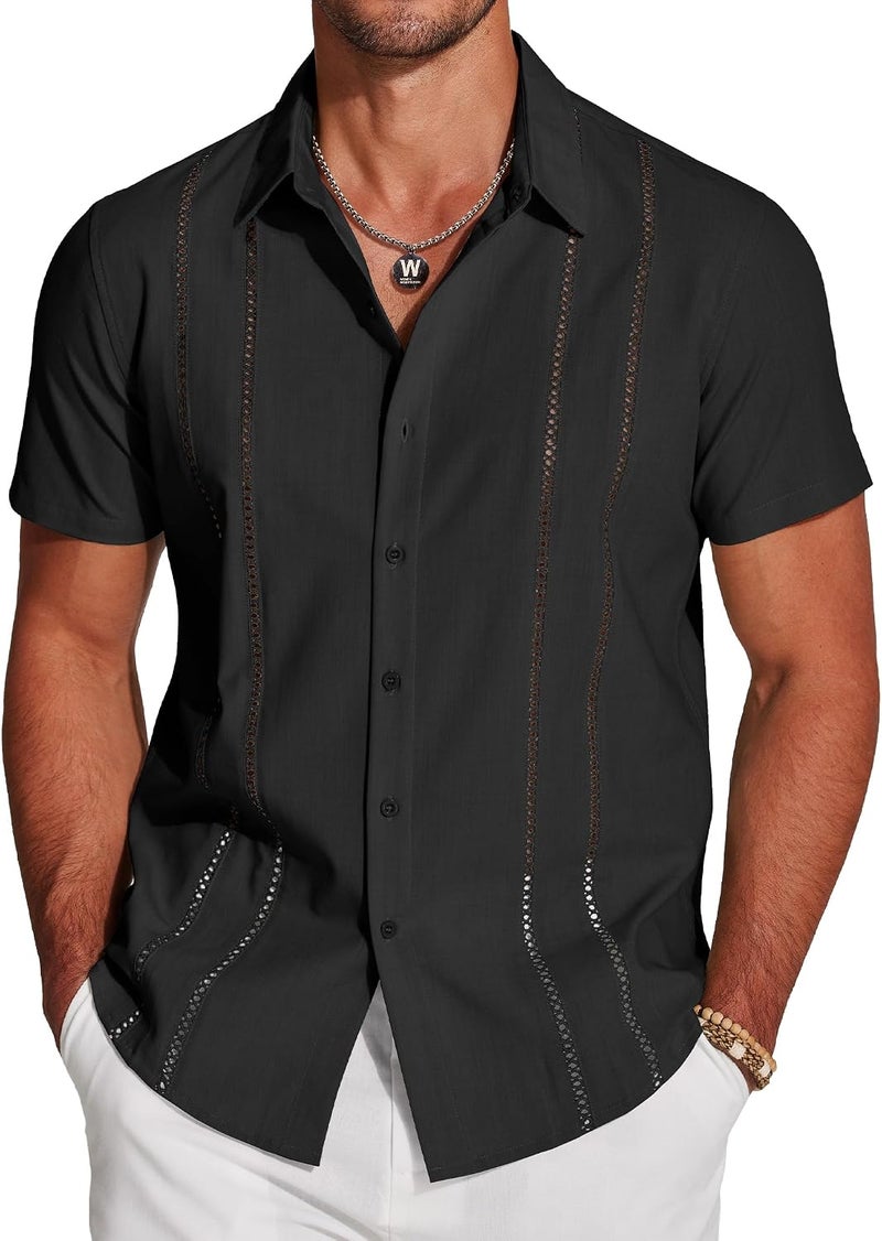 COOFANDY Men's Short Sleeve Button Down Shirt with Cutout Embroidery - Casual Summer Beach Shirt - Image 1