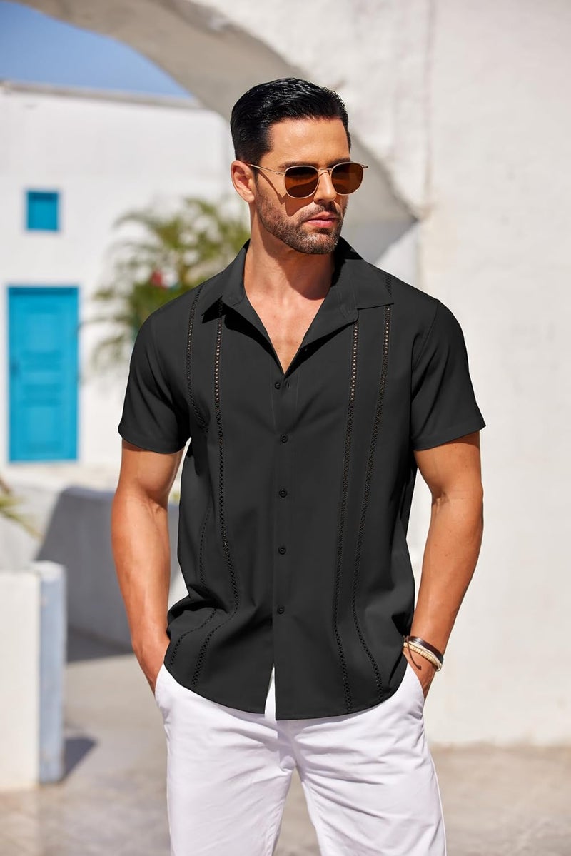 COOFANDY Men's Short Sleeve Button Down Shirt with Cutout Embroidery - Casual Summer Beach Shirt - Image 4