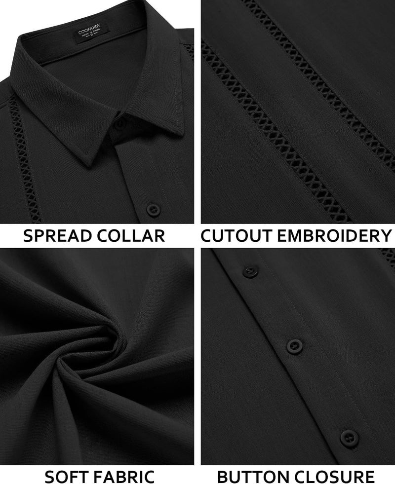 COOFANDY Men's Short Sleeve Button Down Shirt with Cutout Embroidery - Casual Summer Beach Shirt - Image 5
