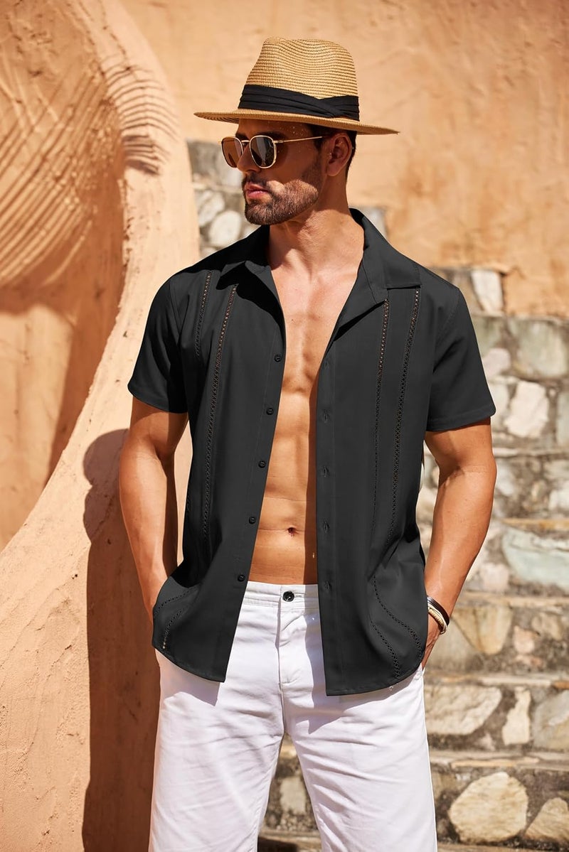 COOFANDY Men's Short Sleeve Button Down Shirt with Cutout Embroidery - Casual Summer Beach Shirt - Image 3