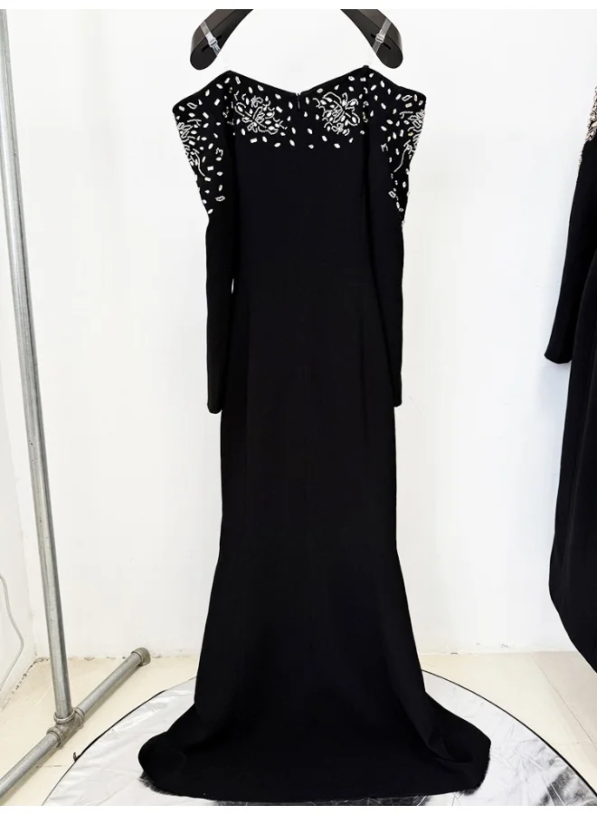 Madam Uniq Elegant Black Off - Shoulder Mermaid Gown, Bead Embellishments & Long Sleeves, Formal Evening Dress