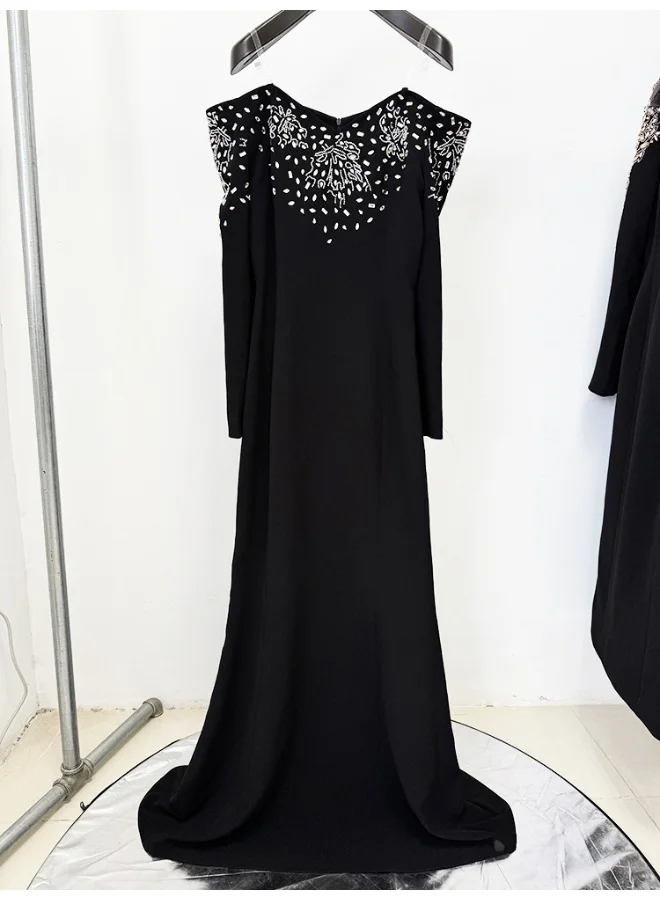 Madam Uniq Elegant Black Off - Shoulder Mermaid Gown, Bead Embellishments & Long Sleeves, Formal Evening Dress