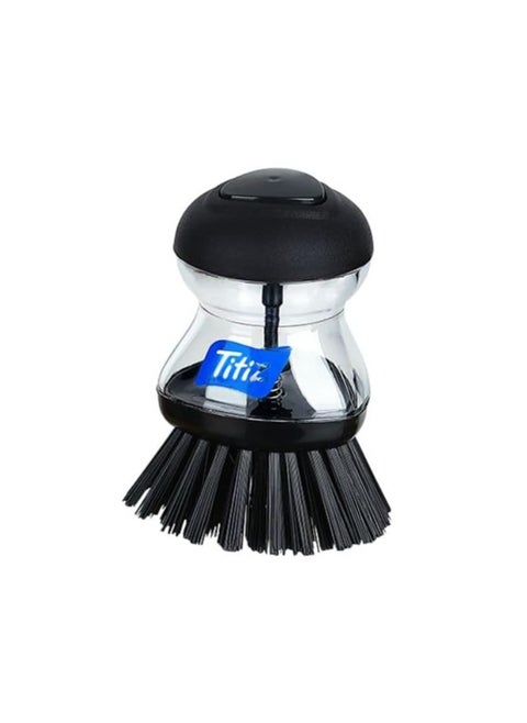 Titiz soap dispensing palm dishwasher brush with bottom on top and detergent reservoir it helps you to easily clean dried stain black transparent