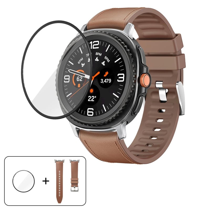 erorex For Samsung Galaxy Watch8 Classic 46Mm Silicone Leather  Watch Band With 3D Curved Film(Light Brown) - Image 1