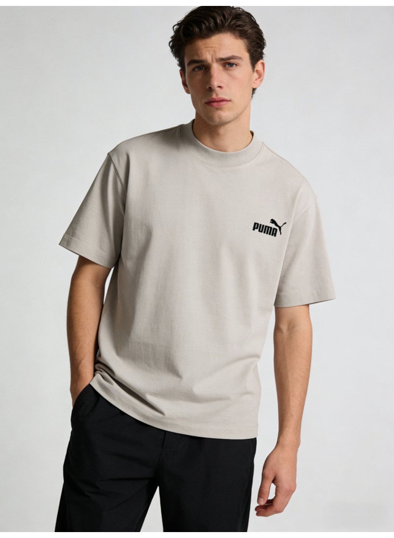 بوما PUMA Men's Relaxed Fit Crew Neck T-Shirt, Light Beige Cotton Tee with Iconic Black Logo - Image 2