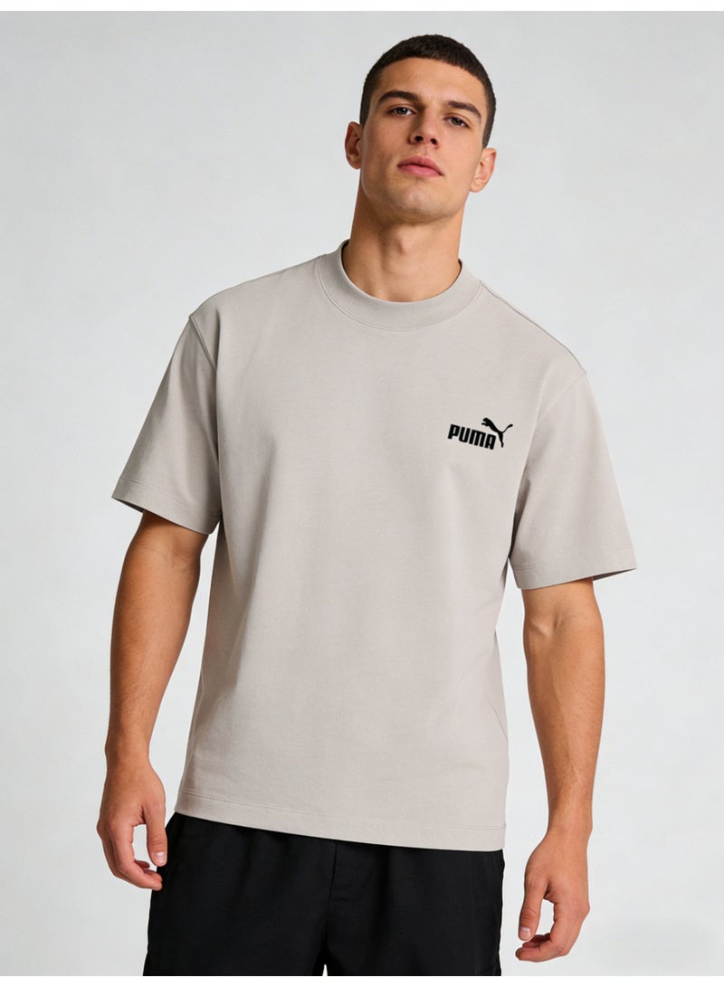 بوما PUMA Men's Relaxed Fit Crew Neck T-Shirt, Light Beige Cotton Tee with Iconic Black Logo - Image 3