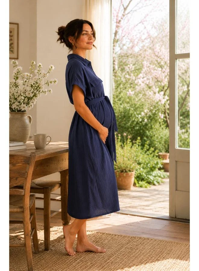 LuvmaBelly MYRA5861 – Natural Soft Muslin Fabric – Summer Shirt Maternity Dress – Navy.