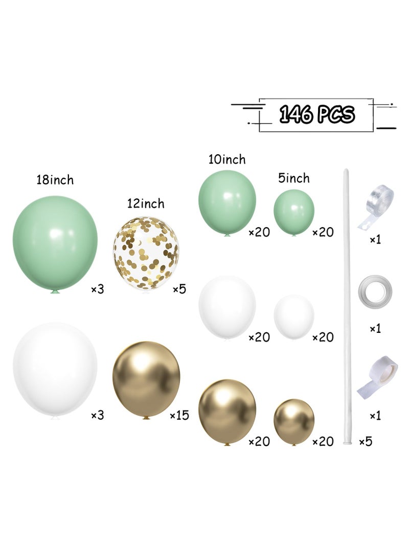 سيج بالون الذهب الأبيض الأخضر إكليل قوس عدة ، 146 بالونات اللاتكس أحجام مختلفة 18 12 10 5 بوصة ، وتستخدم في دش عيد ميلاد الطفل الجنس تكشف عن زينة حفل زفاف - Image 2