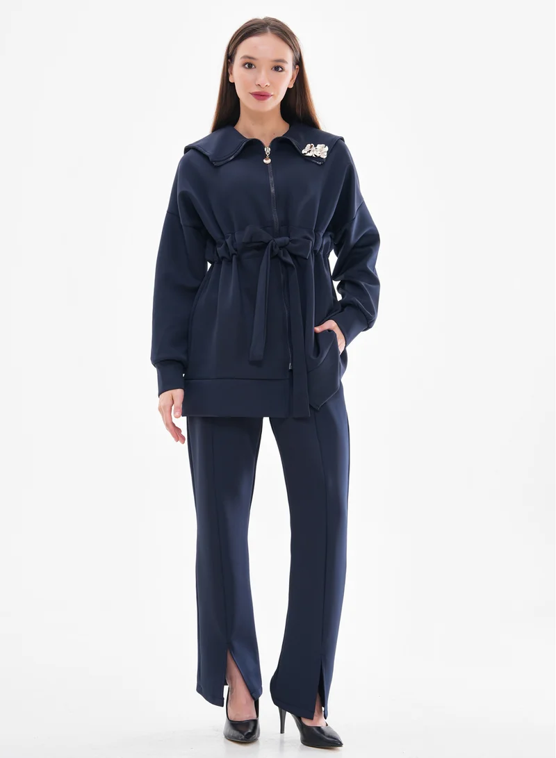 Two-Piece Belted Set with Rose Detail