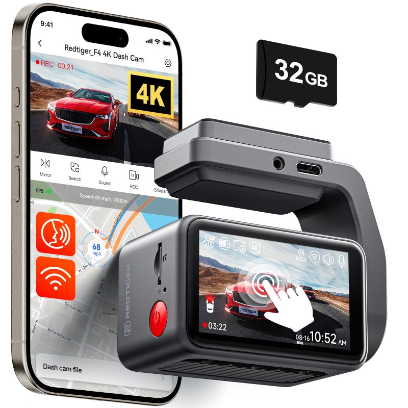 REDTIGER F4 4K Dash Cam Front, 2.2 inch Mini Car Camera, 2160P UHD Touch Screen, Voice Control, Included 32GB Card, Night Vision, Built-in GPS, WiFi APP Control, Loop Recording, 24H Parking Monitor - Image 1