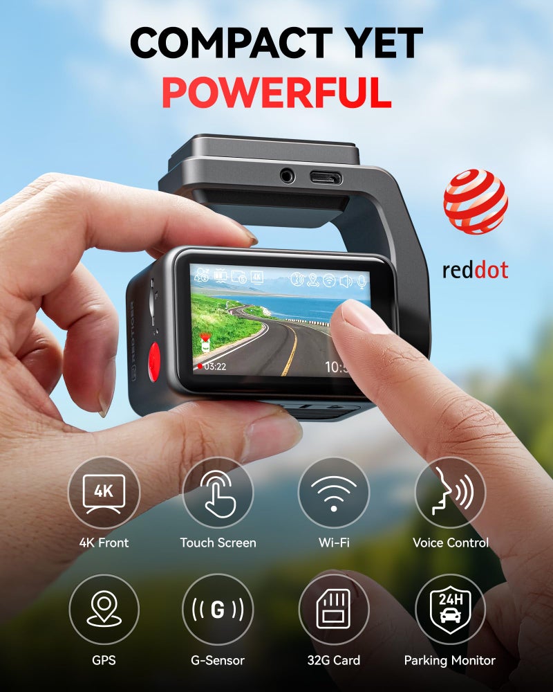 REDTIGER F4 4K Dash Cam Front, 2.2 inch Mini Car Camera, 2160P UHD Touch Screen, Voice Control, Included 32GB Card, Night Vision, Built-in GPS, WiFi APP Control, Loop Recording, 24H Parking Monitor - Image 2