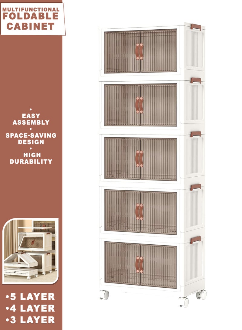 Toshionics Collapsible Storage Rack Cabinet Foldable Multi-Layer Shelf Organizer with Wheels, Transparent Doors, Heavy-Duty Storage Cupboard for Home, Kitchen, Office, Bedroom, Bathroom, Wardrobe, Closet, Display Shelf Almira Available in 3, 4 & 5 Layers with Multiple Sizes - Image 1