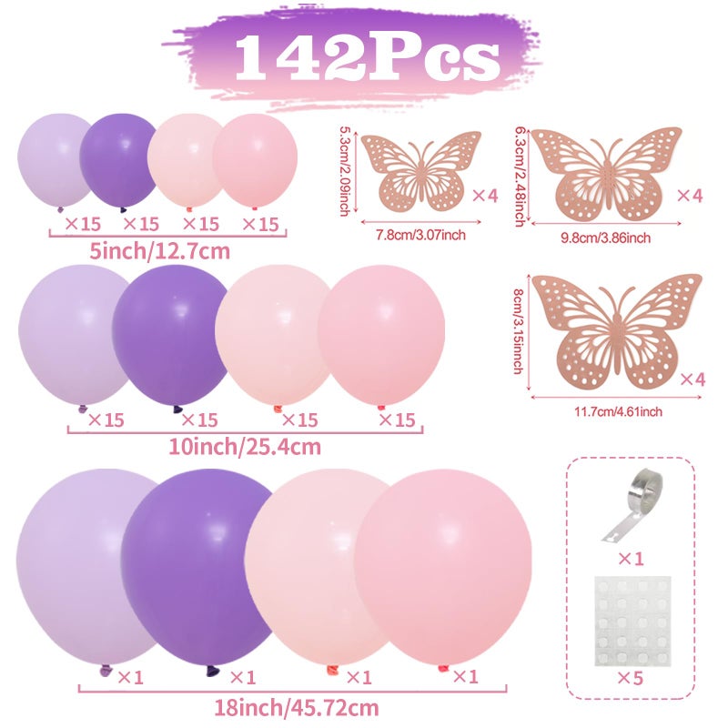 QIFU 142pcs Pastel Pink Purple Balloon Garland Arch Kit Butterfly Stickers Baby Shower Decorations for Girl Birthday Party Bridal Shower Bachelorette Engagement Party Decorations by QIFU - Image 3