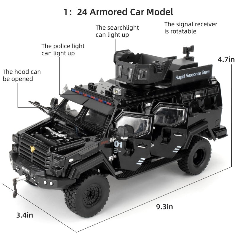 LOVEPOSELY Compatible for 1:24 Saber-Toothed Tiger Alloy Armored Car Model, Collectible Diecast Armoured Explosive Protected Vehicle Toy, Pull Back Toy Car with Sound and Light for Adult Kids (Black) - Image 2
