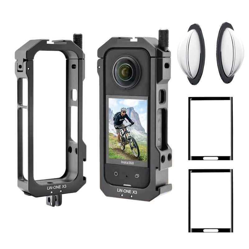 debous Aluminum Frame Cage Sticky Lens Guard Set Screen Protector for Insta360 X3 X 3 Accessories Kit Anti-Scratch Metal case Housing Shell Tempered Glass Protective Film Cover - Image 1