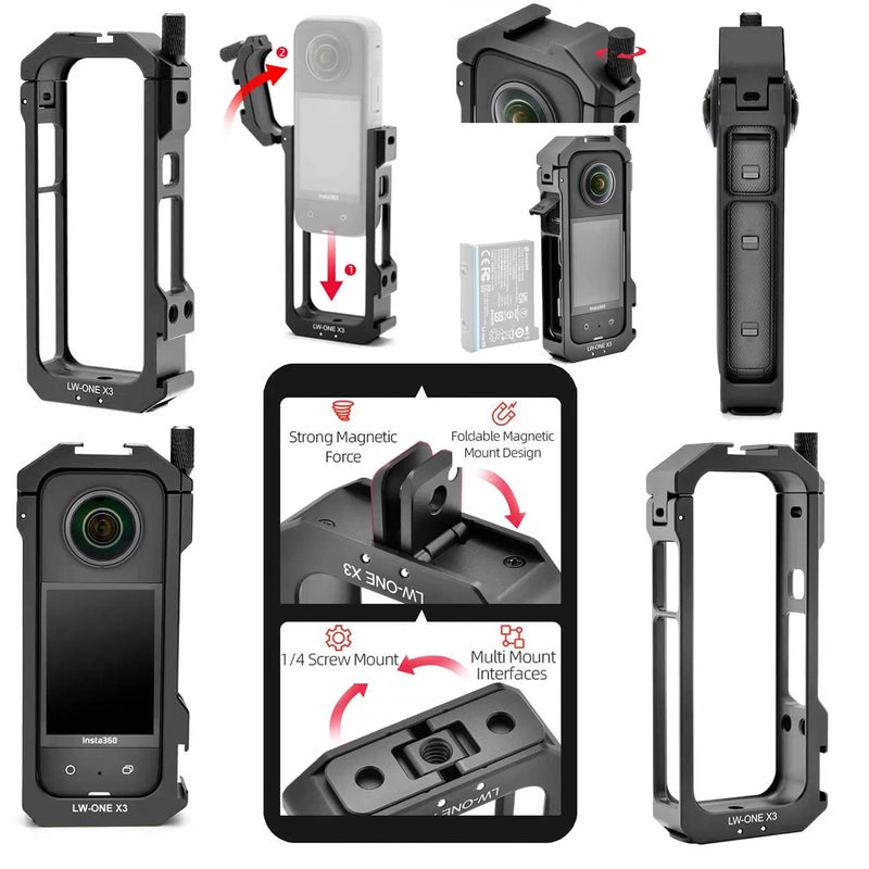 debous Aluminum Frame Cage Sticky Lens Guard Set Screen Protector for Insta360 X3 X 3 Accessories Kit Anti-Scratch Metal case Housing Shell Tempered Glass Protective Film Cover - Image 2