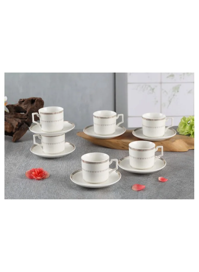 Shallow Shallow New Bone China Rosa Coffee Cup & Saucer Set, 90ml (White, 6 Cups, 6 Saucer)