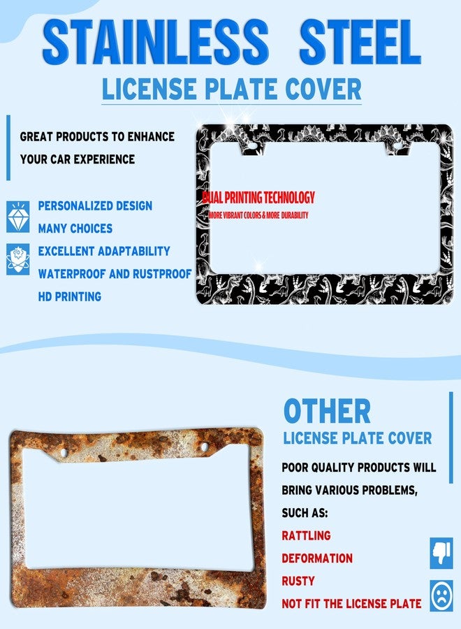 TINALUIN Black White Dinosaur License Plate Frame Dinosaurs Stainless Steel License Plate Holder for Front and Rear Car Tags Funny for Car Decoration Accessories with Screws 6.3 X 12.2 in for Women Men - Image 2
