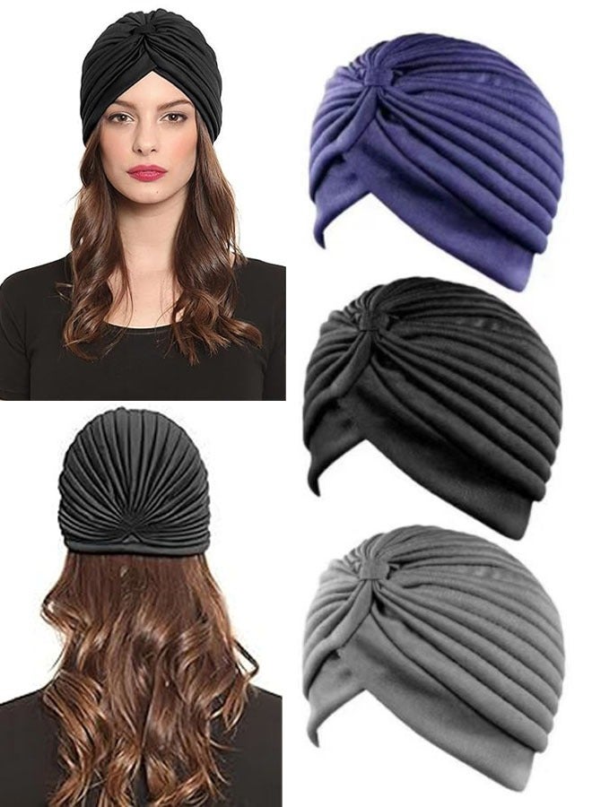 PYC 3 Pieces Turbans for Women Soft Turban Head Wrap Pleated Beanie Cap  - Image 1
