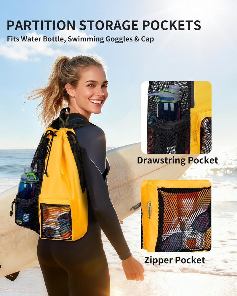 WANDF Swim Bag Mesh Drawstring Backpack with Wet Pocket Beach Backpack for Swimming, Gym, and Workout Gear (Orange) - Image 2